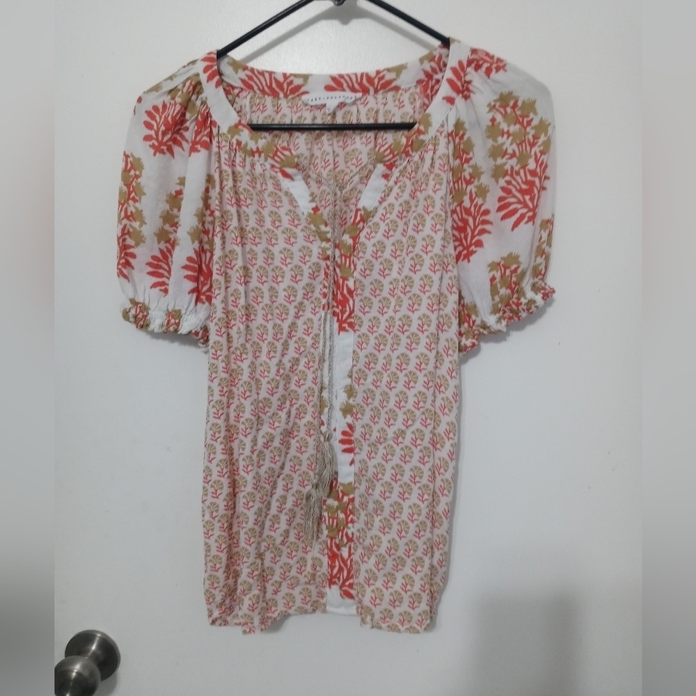 Jane & Delancey short sleeve Contrasting Floral Balloon sleeve v neck blouse SM